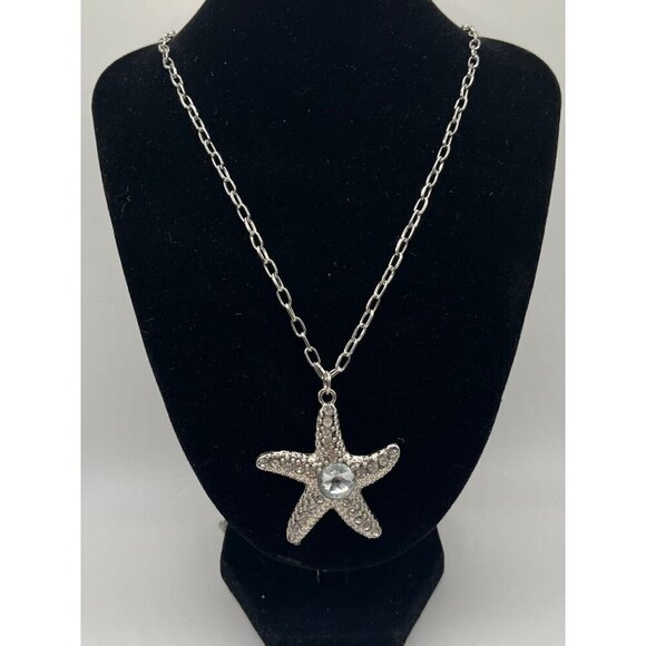 Silvertone Oversized Rhinestone Starfish Pendant On Chain Necklace‎ Mermaidcore - Picture 1 of 4